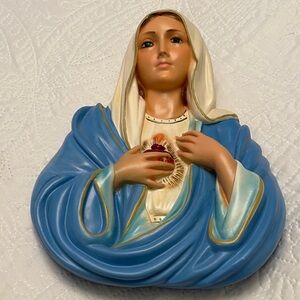 Vintage Religious Holy Mary Hand Painted Wall Plaque Sculpture SACRED HEART